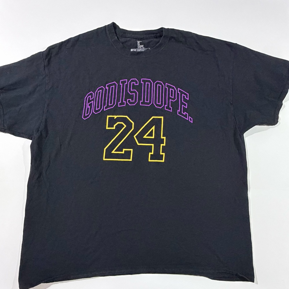 GODISDOPE. Black Short-Sleeve Graphic Tee with Purple Logo & Yellow 24